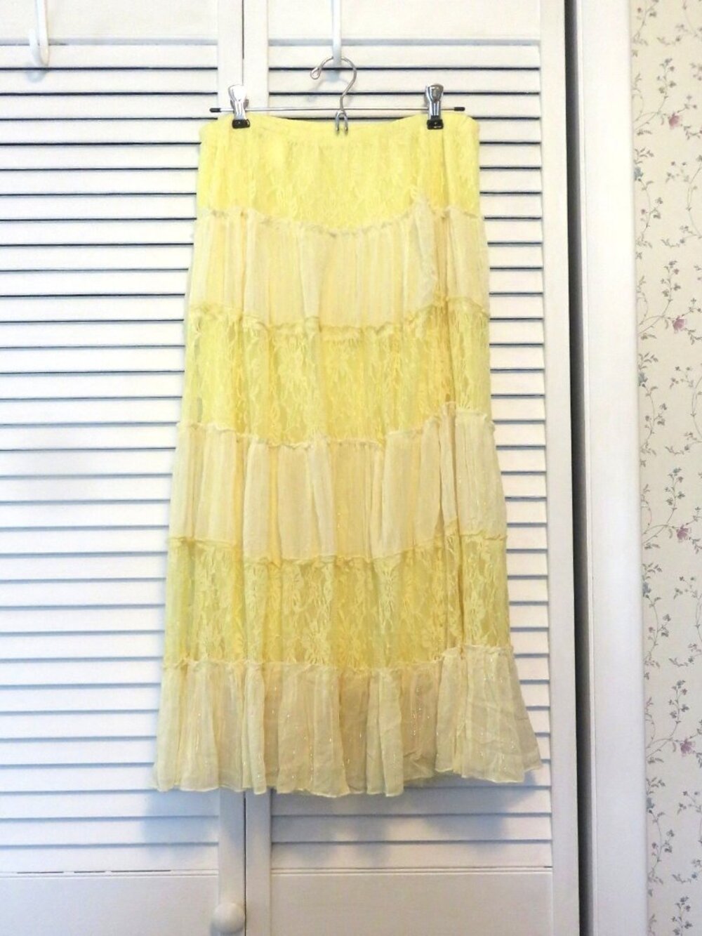MAPSI size Small Petite Long Tiered Yellow Gauze Peasant Skirt Lined